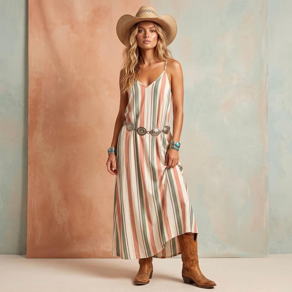 En Crème Women's Large Striped Cami Maxi Dress Crewneck V-Back Boho Beach - Picture 4 of 7